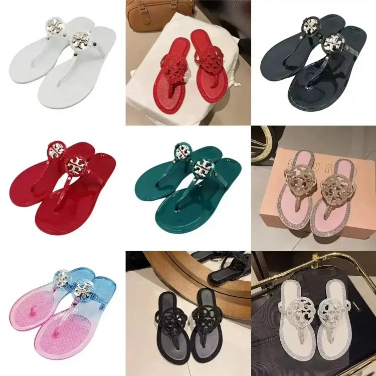 Tory Bury New diamond flat bottom women's slippers ins fashionable beach thong toe rivet rhinestone flip flop -3