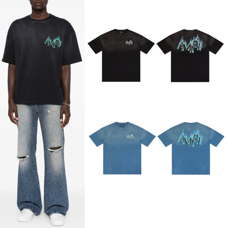AMIRI rhinestone flame letter print washed short-sleeved T-shirt -2